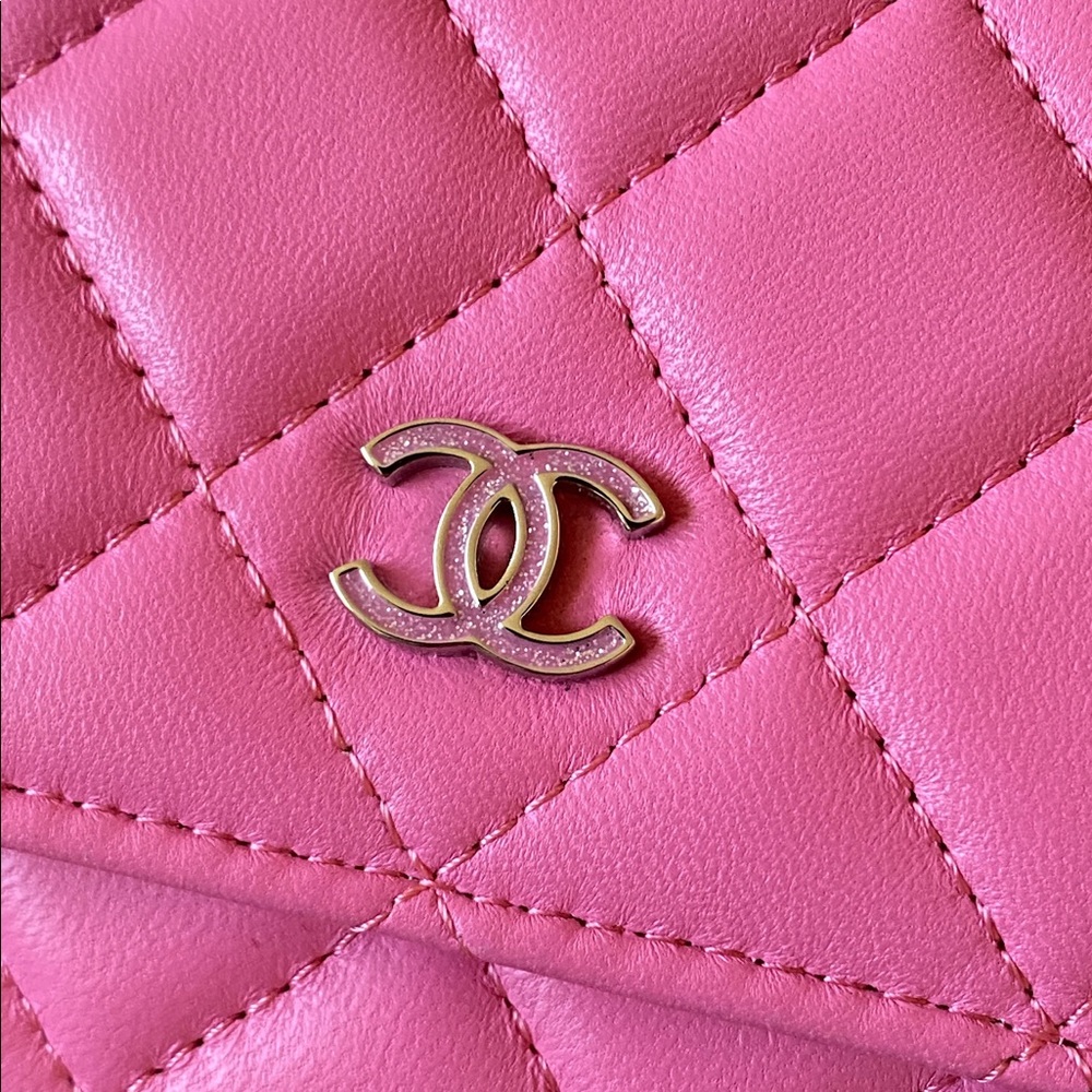 SOLD CHANEL Lambskin Quilted Wallet on Chain WOC Pink with glittered CC log - Picture 10 of 13